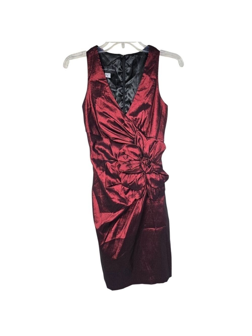 Jessica McClintock Metallic Red V Neck Floral Back Zip Dress 6